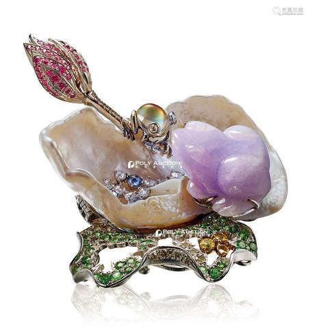 缅甸天然紫罗兰翡翠配钻石及彩色宝石胸针