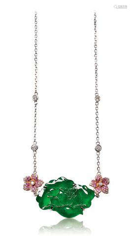 缅甸天然翡翠「莲花」配钻石及彩色刚玉项链