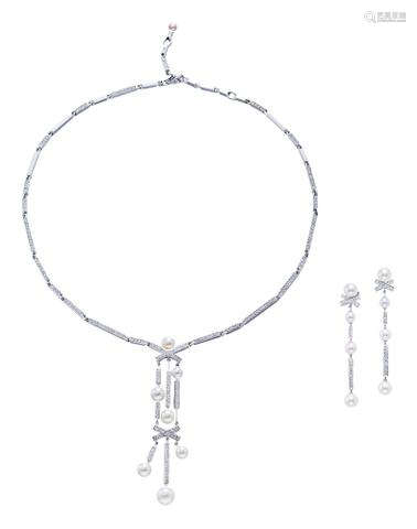 香奈儿设计 钻石配珍珠项链及耳环套装