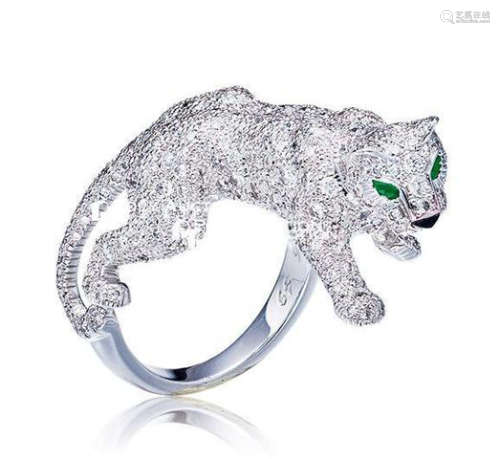 卡地亚设计 钻石配袓母绿及黑玛瑙「美洲豹」戒指
