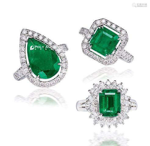 一组三件祖母绿配钻石戒指