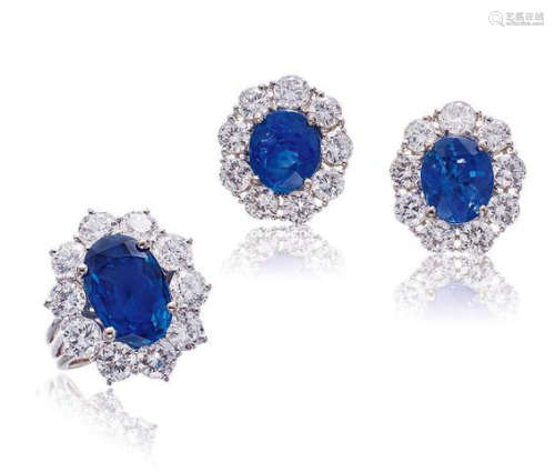 蓝宝石配钻石耳环及戒指套装
