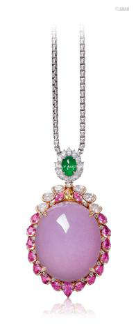 缅甸天然紫罗兰翡翠配钻石及粉色刚玉挂坠项链