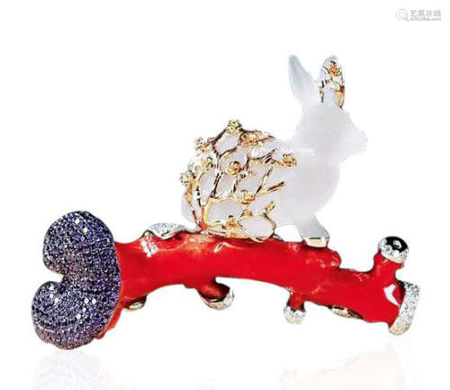 项音璇设计 珊瑚配钻石及彩色刚玉「玉兔呈祥」胸针
