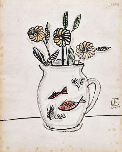 常玉（1895～1966） 1920-1930年代作 鱼纹罐花 水墨 水彩 纸本