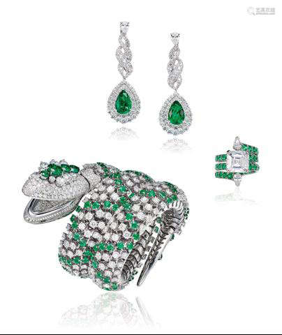 宝格丽设计 祖母绿配钻石项链，腕表，耳环及戒指套装