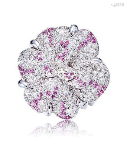 香奈儿设计 钻石配粉红色刚玉戒指