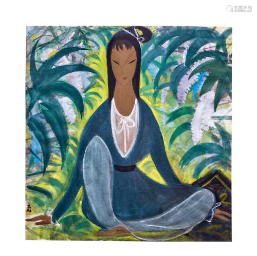 林风眠（1900～1991） 约1950-1960年代作 花园中静坐的仕女 水墨 设色 纸本