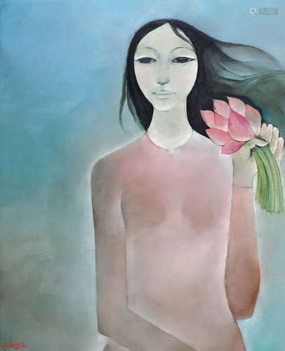 阮忠（B.1940） 1974年作 执花少女 油彩 画布