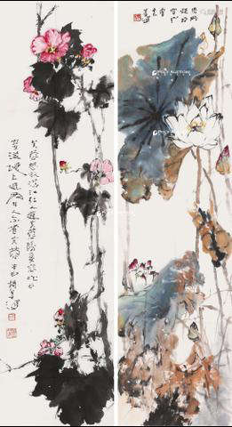 杨善深 1941年作 芙蓉花卉对屏 镜心 设色纸本