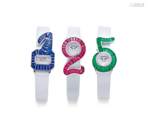 爱彼 一组三件，女装白金镶钻石腕表，备蓝宝石、红宝石及祖母绿镶嵌表圈，为庆祝品牌125周年而制，年份约2000