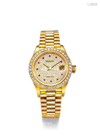 劳力士 精致，女装黄金镶钻石及红宝石自动链带腕表，备日期显示，「DATEJUST」，型号69158，年份约1980