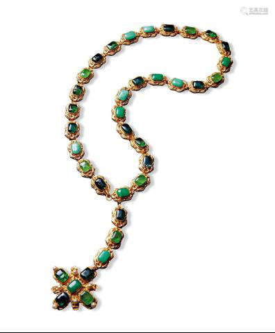 香奈儿 1970年代 镀金绿色GRIPOIX琉璃十字架吊坠项链可做腰带佩戴