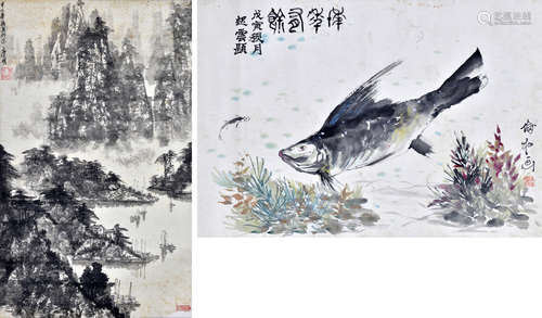 倫和 唐明 山水游魚圖兩幅