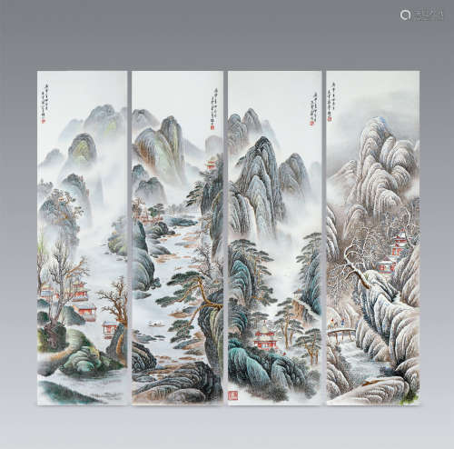 80年代 王雲泉 粉彩雪景山水掛屏 一套四件