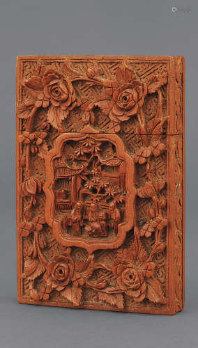 清 檀木浮雕花卉人物名片盒