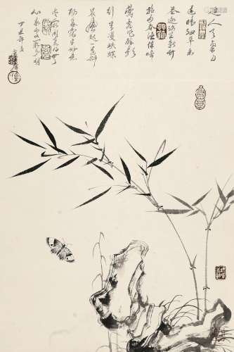 卢坤峰 竹石图 纸本立轴