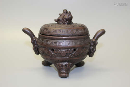 Japanese pottery incense burner, marked.