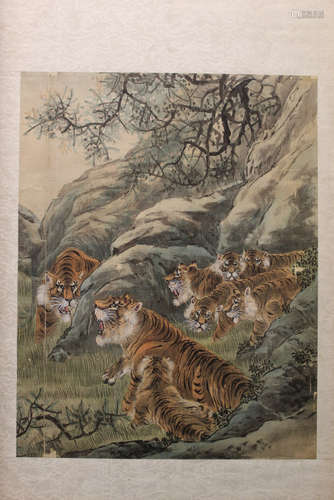 Chinese water color and ink painting on silk of tigers.