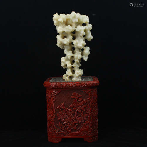 Chinese jade bonsai with carved cinnabar planter,