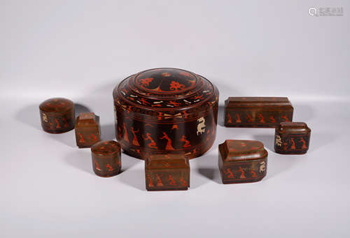 7 Han Painted Red Lacquer Caskets Lian