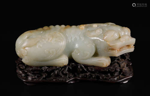 Qing Hetian Jade Lion And Zitan Stand