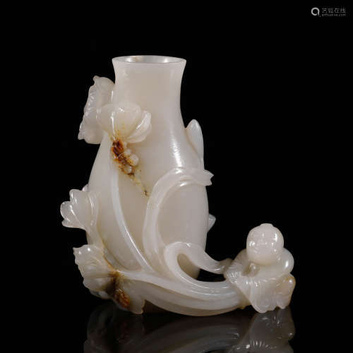 Qing Hetian Jade 'Child Playing Lotus' Vase