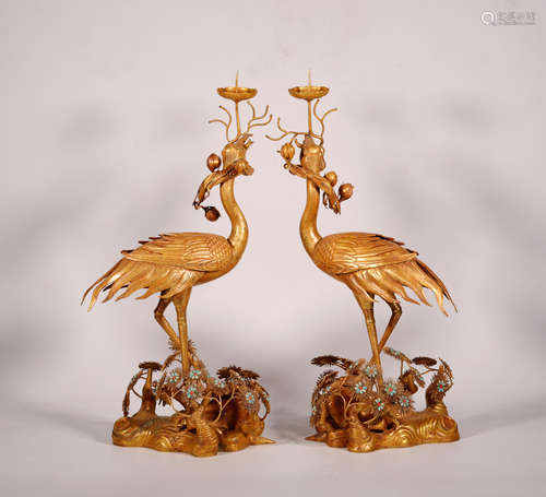 2 Marked Qing Gilt-Bronze Candlesticks