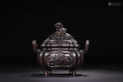 17-19TH CENTURY, A LION DESIGN ROSEWOOD CENSER, QING DYNASTY