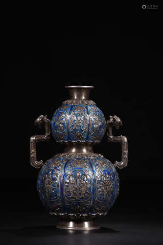 17-19TH CENTURY, A CALABASH DESIGN PURE SILVER DOUBLE EAR VASE , QING DYNASTY