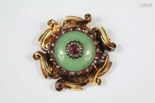 A Late 19th Century Chinese 18ct Yellow Gold Chinese Jade, Ruby and Diamond Brooch