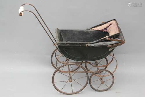 Victorian Doll's Pram with wooden frame and cast iron wheels