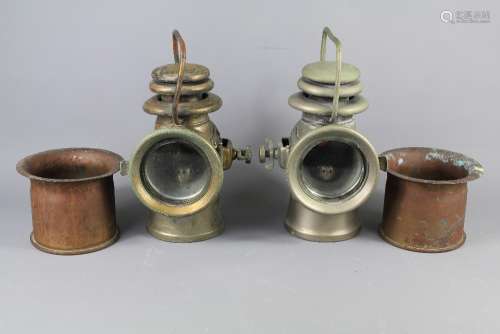 Two Early 20th Century Brown Bros London 'Veena' Vehicle Lamps, approx 27 cms (incl handle) together with two brass WWII trench-art mortar
