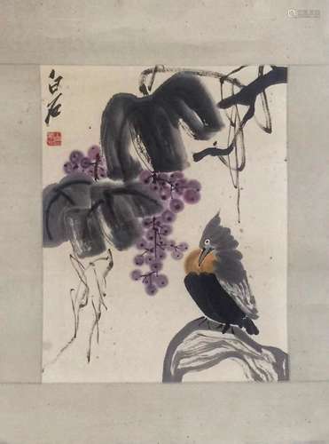 Baishi 'Bird And Grapes' Chinese Painting