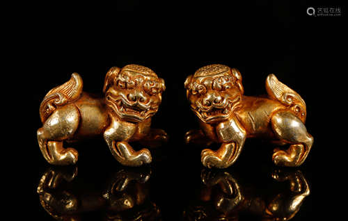 Pair Qing Gilt-Silver Lions Décor