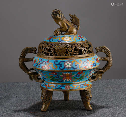 Qing Cloisonne Enamel 'Lion' Censer