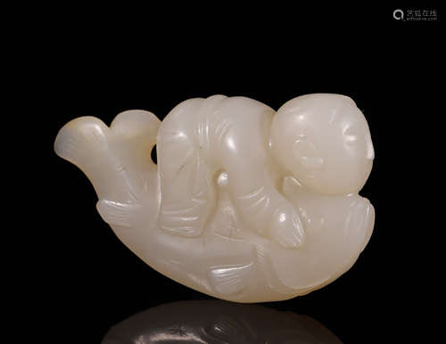 Ming Hetian Jade Carved Child Holding Fish