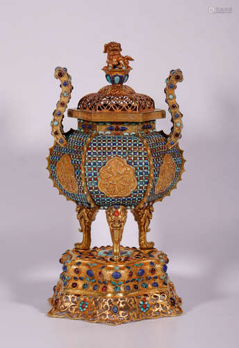 Qing Gilt-Bronze Gemstone-Inlaid Censer