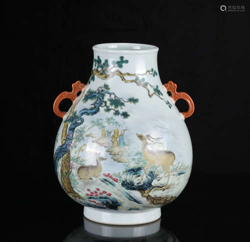 Qing Famille Rose 'Deer' Vase Zun