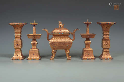 SET OF GILT BRONZE CASTED CENSER&VASE&CANDLE HOLDER