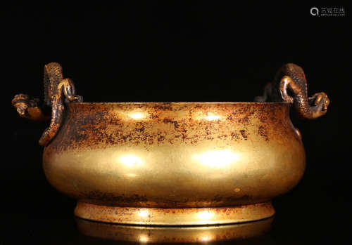 A GILT BRONZE CASTED DOUBLE DRAGON EAR CENSER