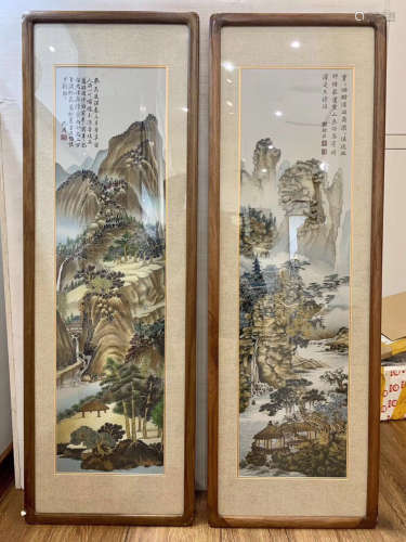 PAIR OF LANDSCAPE PATTERN EMBROIDERY