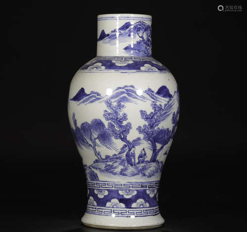 A WHITE AND BLUE GLAZE LANDSCAPE PATTERN VASE