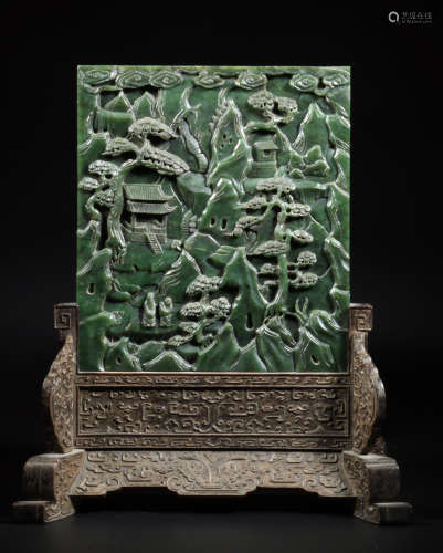 A HETIAN GREEN JADE CARVED FIGURE STORY SCREEN