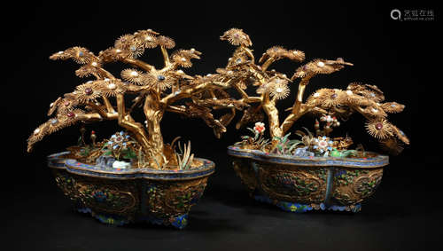 PAIR GILT SILVER FILIGREE FLORAL BONSAI