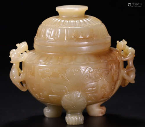 A HETIAN JADE CARVED DOUBLE DRAGON EAR CENSER