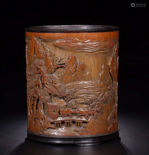 AN OLD BAMBOO CARVED LANDSCAPE PATTERN PEN HOLDER