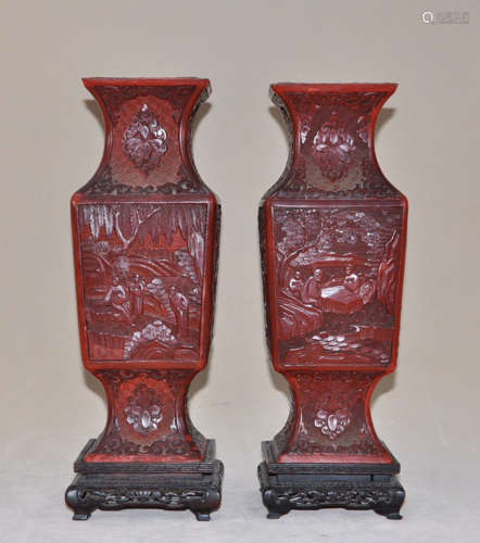 PAIR RED LACQUER CARVED FIGURE PATTERN VASES
