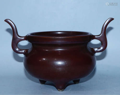 A RED BRONZE CASTED DOUBLE EAR CENSER