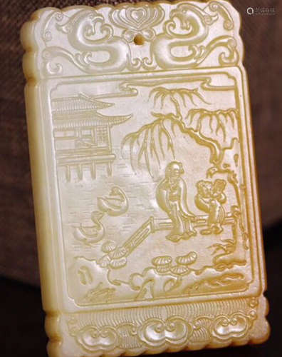 A HETIAN JADE CARVED STORY PATTERN PENDANT